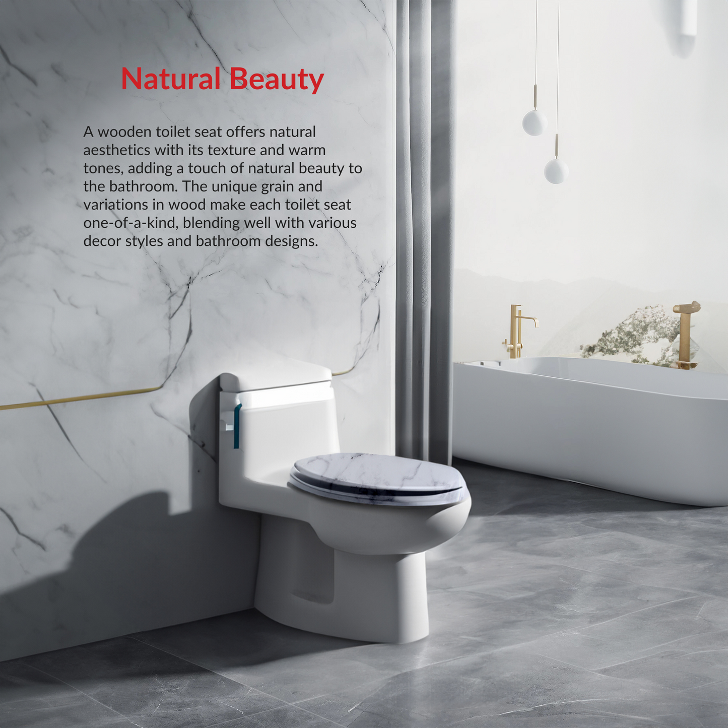 COZYBASE Toilet Seat Marble, Elongated Toilet Seat ,Wood Toilet Seat with Metal Hinges Soft Close Oval Toilet Seat